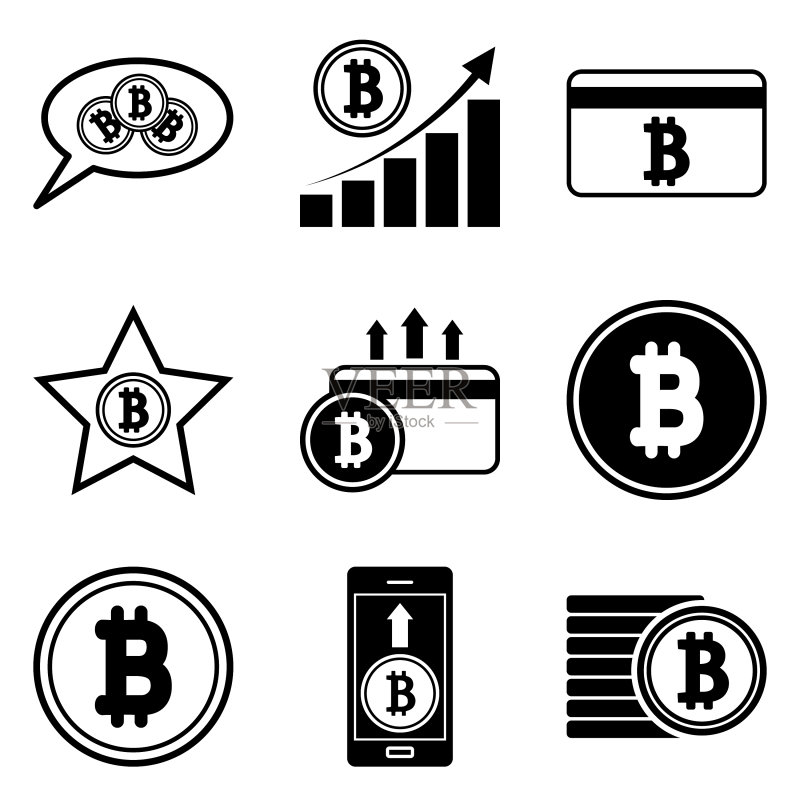12个扁平风格的比特币图标,白色背景图标素材