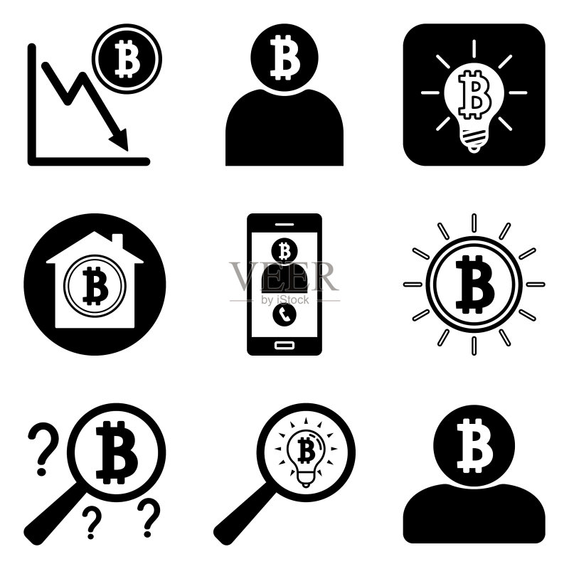 12个扁平风格的比特币图标,白色背景图标素材