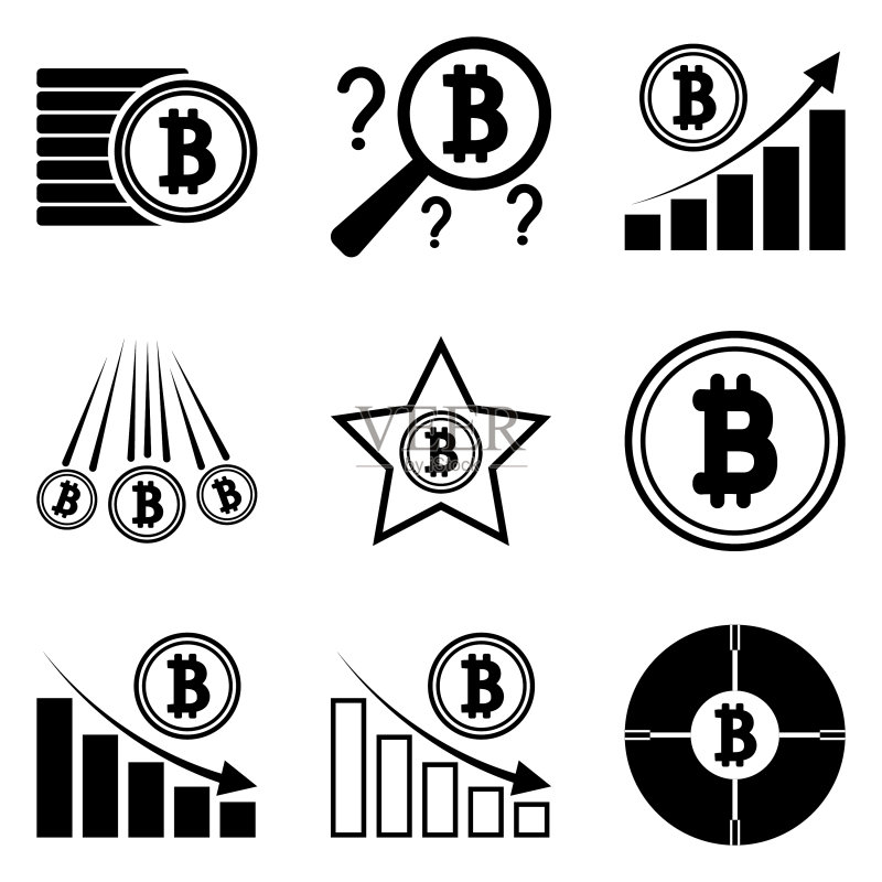 12个扁平风格的比特币图标,白色背景图标素材