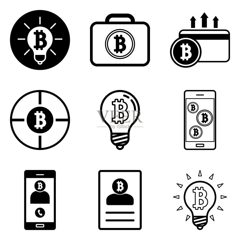 12个扁平风格的比特币图标,白色背景图标素材