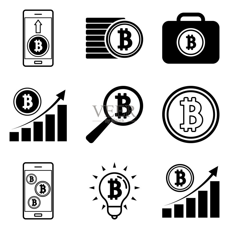 12个扁平风格的比特币图标,白色背景图标素材