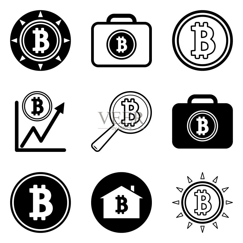 12个扁平风格的比特币图标,白色背景图标素材
