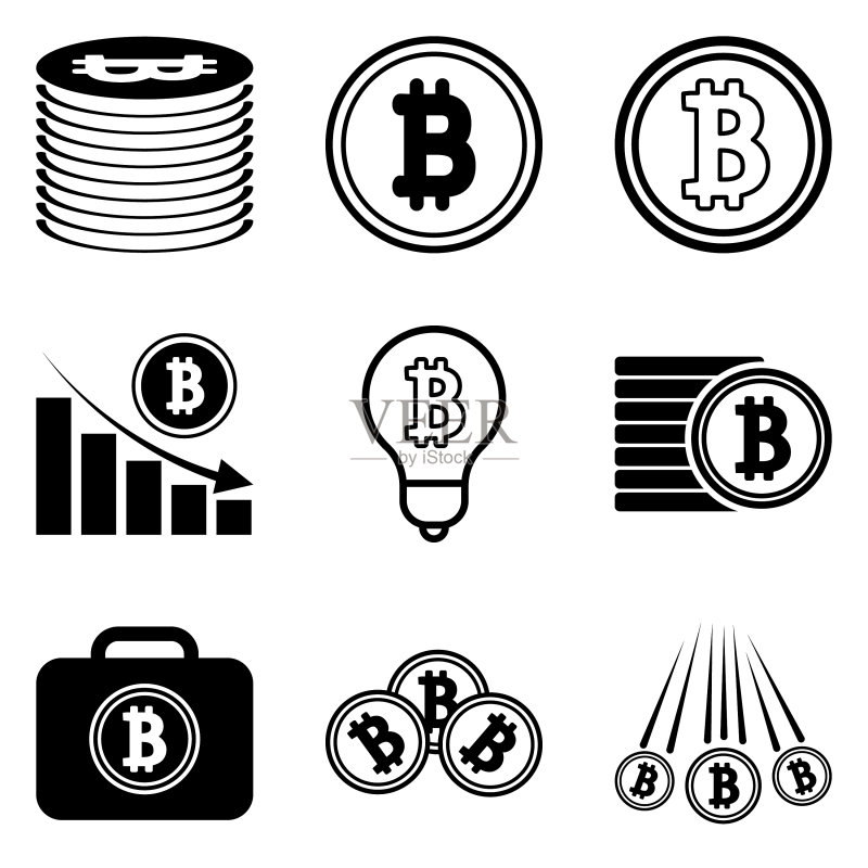 12个扁平风格的比特币图标,白色背景图标素材