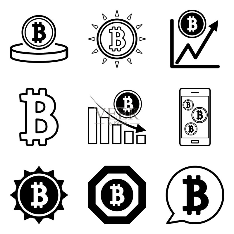 12个扁平风格的比特币图标,白色背景图标素材