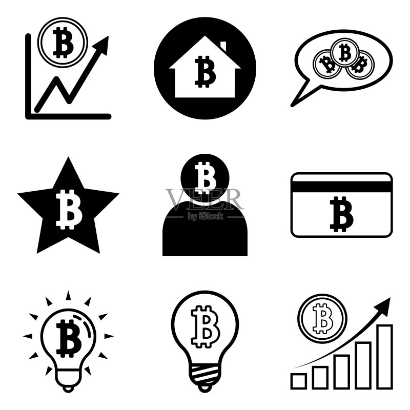 12个扁平风格的比特币图标,白色背景图标素材