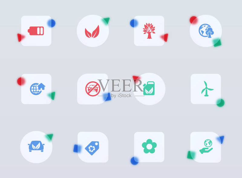 生态玻璃拟态时尚风格图标。生态透明玻璃彩色矢量图标,带彩色图形。适用于网页和UI设计、移动应用和促销商业广告图标素材