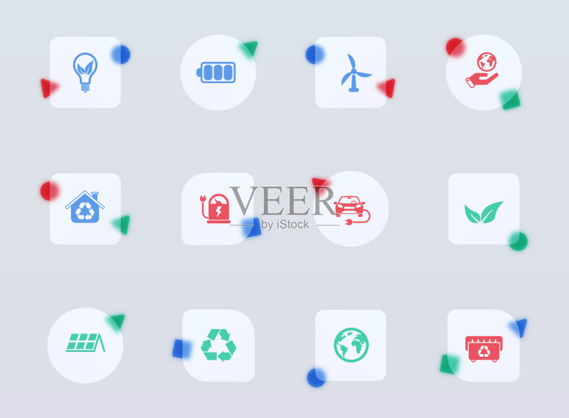 玻璃质感另类能源时尚风格图标。用于Web和UI设计、移动应用程序和促销商业广告的彩色透明玻璃另类能源矢量图标。图标素材
