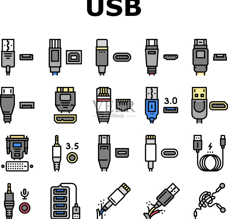 USB线缆和端口购买图标集图标素材