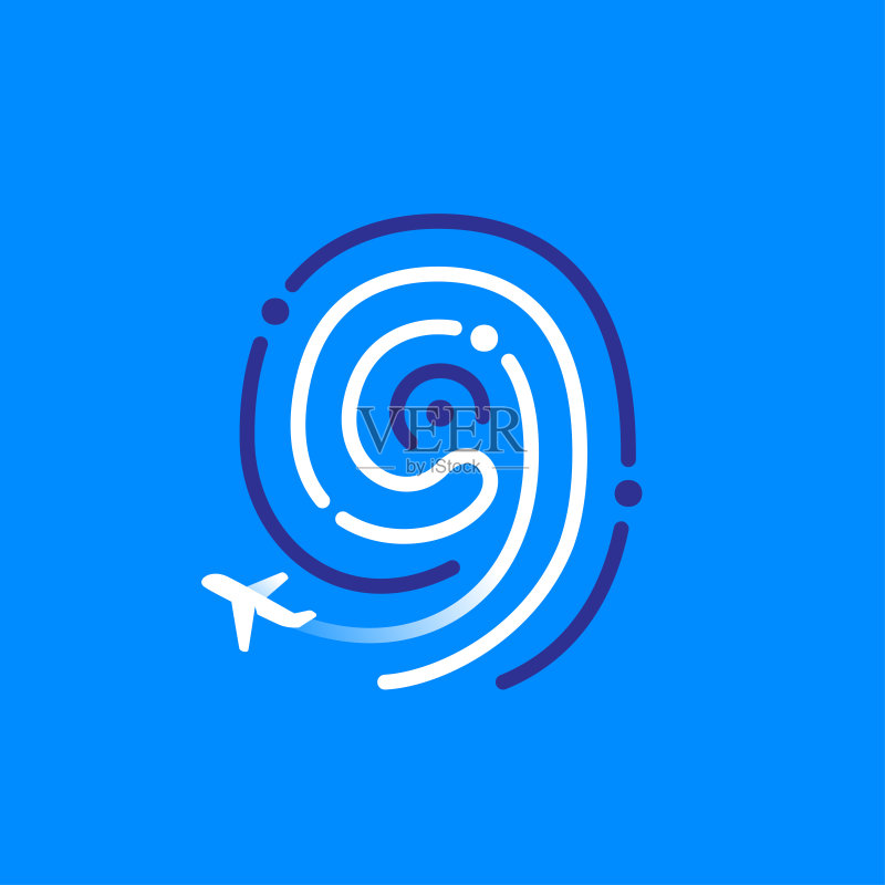 由指纹与飞机和飞机尾迹组成的logo数字9。蓝白线条图标图标素材