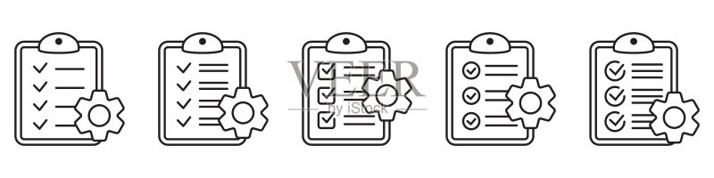 带齿轮的剪贴板隔离图标,技术支持检查清单图标,管理扁平图标概念,软件开发。图标素材