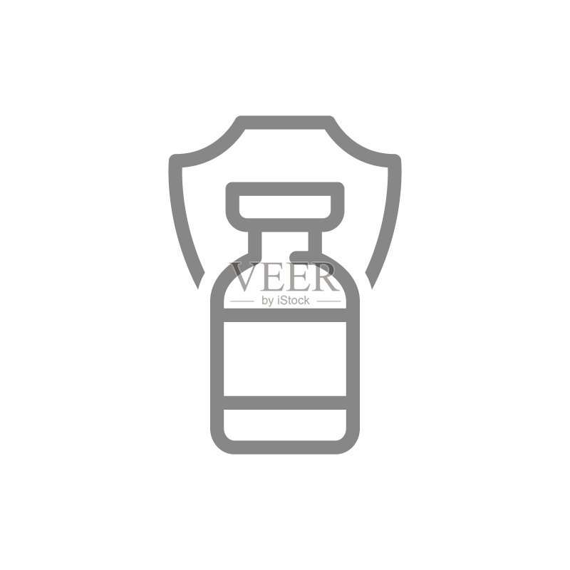 医疗安瓿瓶和盾牌线性图标:疫苗认证标志图标素材