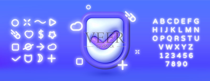 用于纸张设计的3D霓虹灯复选标记3D盾牌图标素材