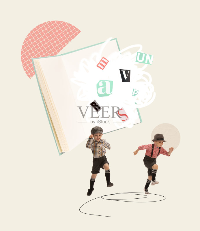 当代艺术拼贴:逃离课本的小男孩插画图片素材