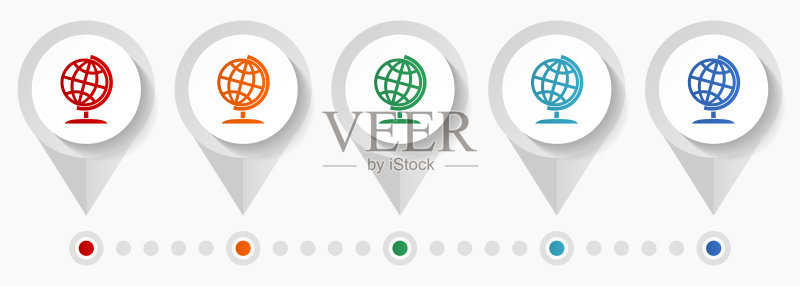 地球、世界、全球、地图、地球概念矢量图标,信息图表模板易于编辑,一组用于网页设计和移动应用程序的彩色扁平设计指针图标素材