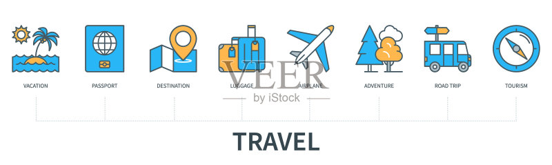 简约扁平线条风格的旅行信息图图标素材