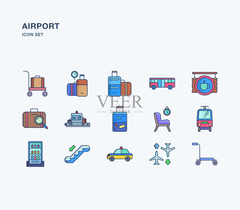 机场和航空线性彩色图标集图标素材