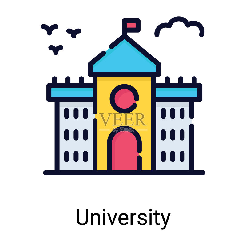 白色背景上的大学建筑彩色线条图标图标素材