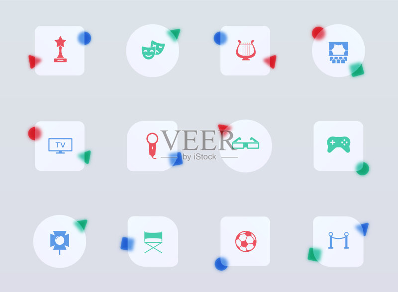 具有彩色图形的透明玻璃颜色矢量娱乐图标,适用于Web和UI设计、移动应用程序及促销商业广告图标素材