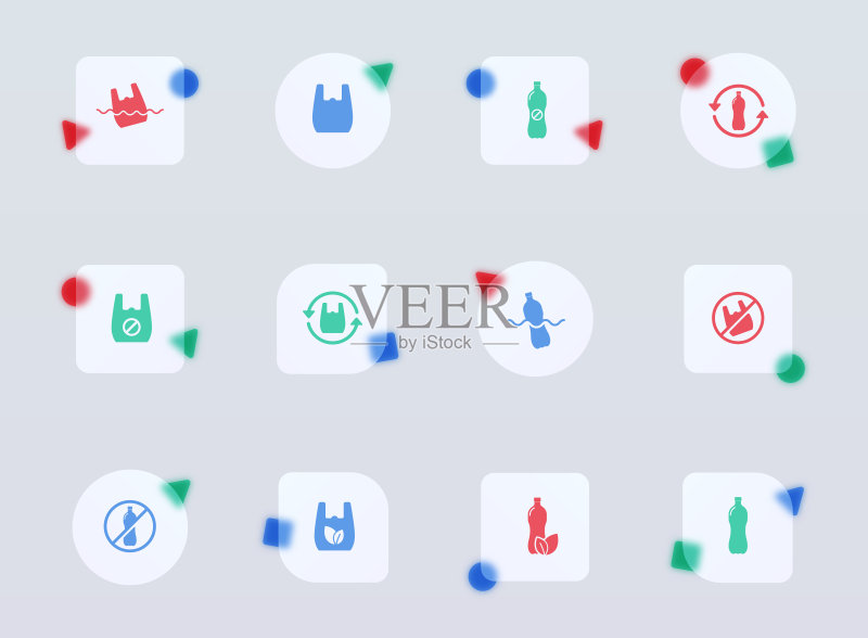 禁止塑料玻璃变形风格图标。用于Web和UI设计、移动应用和促销商业广告的无塑料透明玻璃彩色矢量图标图标素材