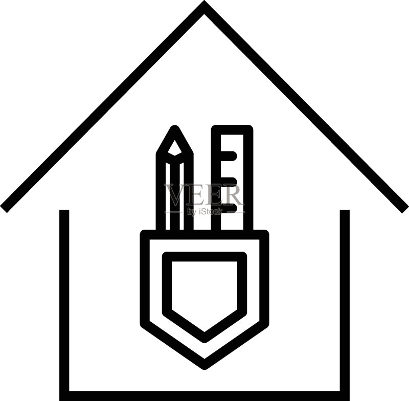 机构或设施建筑单色轮廓标志,扁平风格,适用于商店、广告、文章、书籍等,房屋内的衬线和铅笔线性图标图标素材