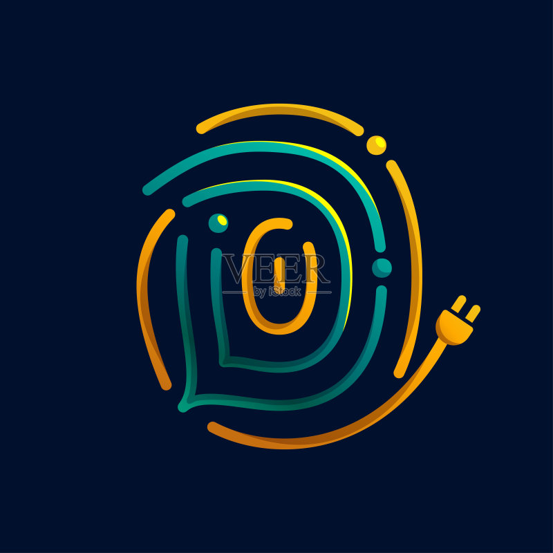 指纹与插头组成的D字母logo,彩色电缆图标,鲜艳渐变线条图标素材