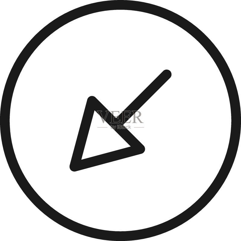 符号、标志、界面和互联网概念。适用于网站、商店、应用程序的简单单色插图。左对角线方向的向下箭头矢量线条图标图标素材