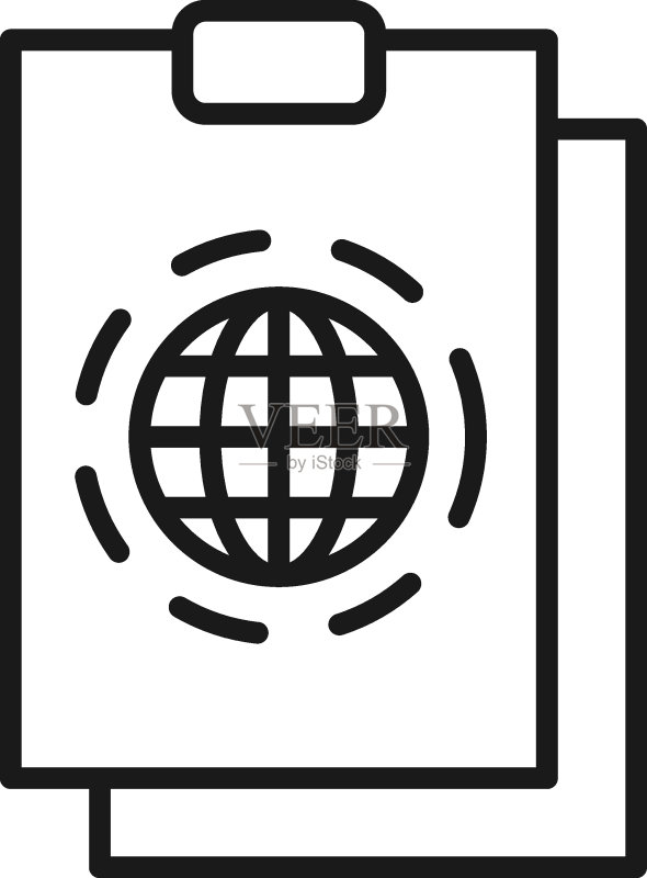 文档、办公室、合同和协议概念,单色矢量标志,扁平风格,地球行星在剪贴板上的矢量线图标图标素材