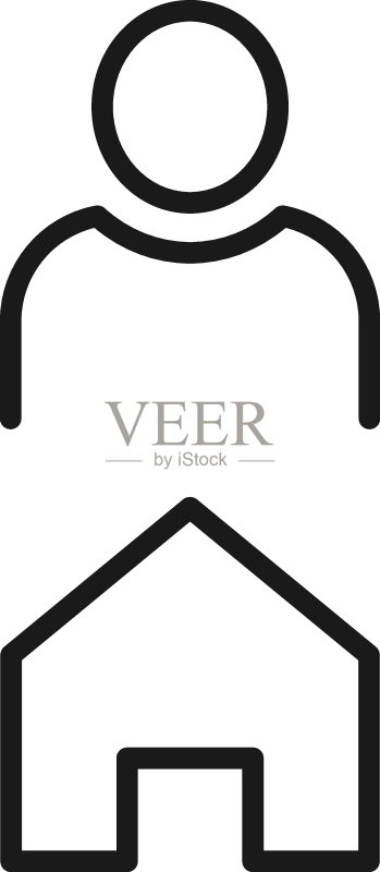 适用于广告、网站、商店、应用程序的黑白标志。用户旁边的房屋矢量图标,可编辑的细黑线描绘图标素材