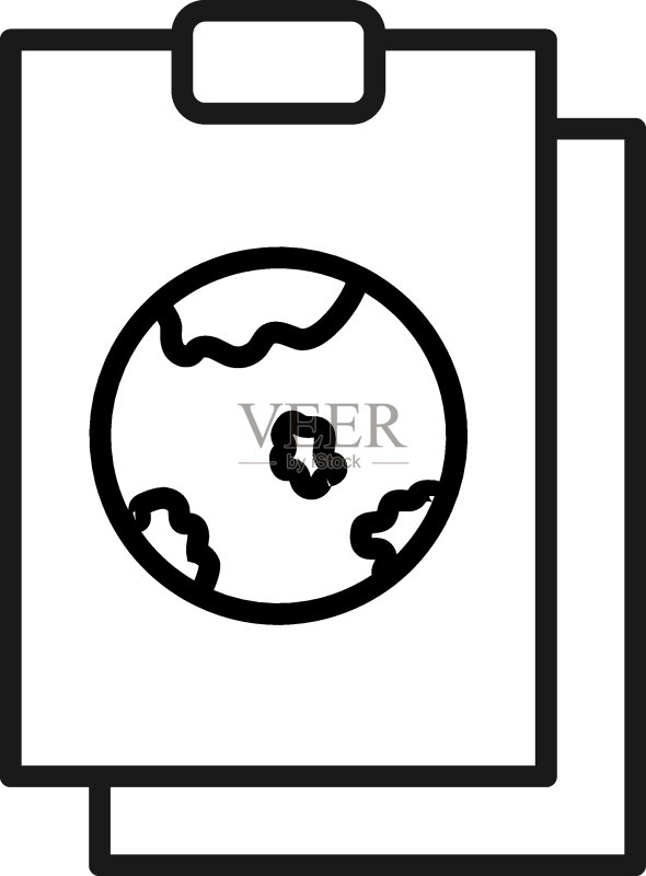 文档、办公室、合同和协议概念,单色矢量标志,扁平风格,地球行星在剪贴板上的矢量线图标图标素材