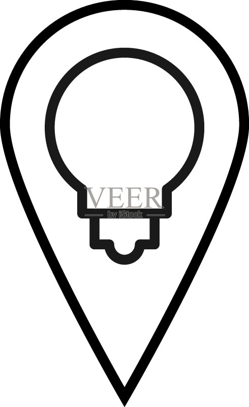 黑色细线绘制的矢量符号:定位标志内的灯泡图标素材