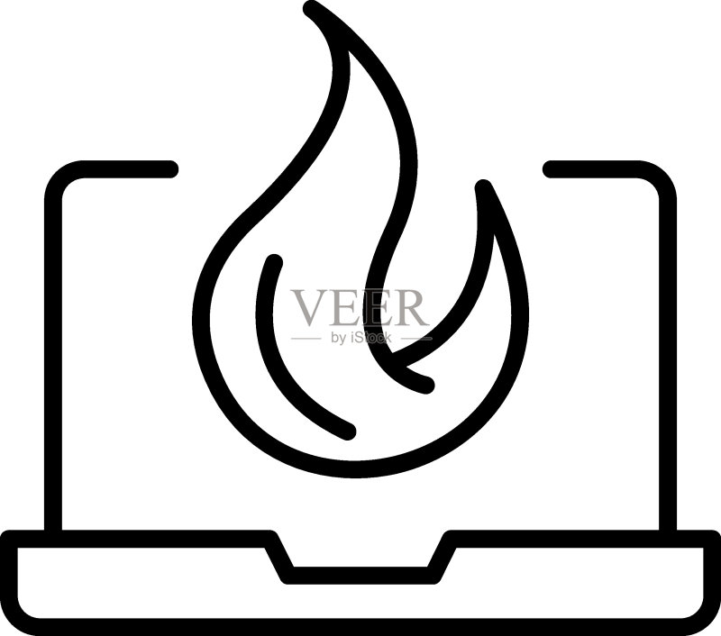 用细线绘制的简单黑白插图。非常适合广告、互联网商店、商店。可编辑的笔画。笔记本电脑显示器上火焰或火灾的矢量线图标图标素材