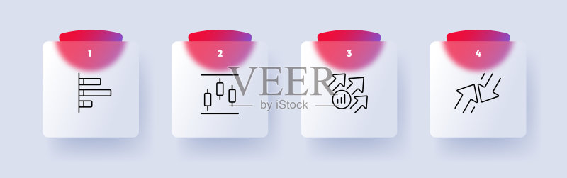 工作信息图表图标集:统计图、条形图、箭头、信息交换、增长、下降、数据传输。商业概念。玻璃拟态风格。广告矢量线条图标图标素材