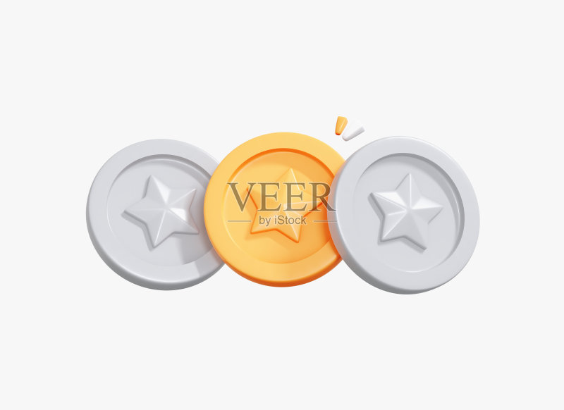 3D金银币。游戏设计的卡通图标。数字货币掉落。UI界面概念。用户元素。在白色背景上隔离的创意现实插图。3D渲染图标素材