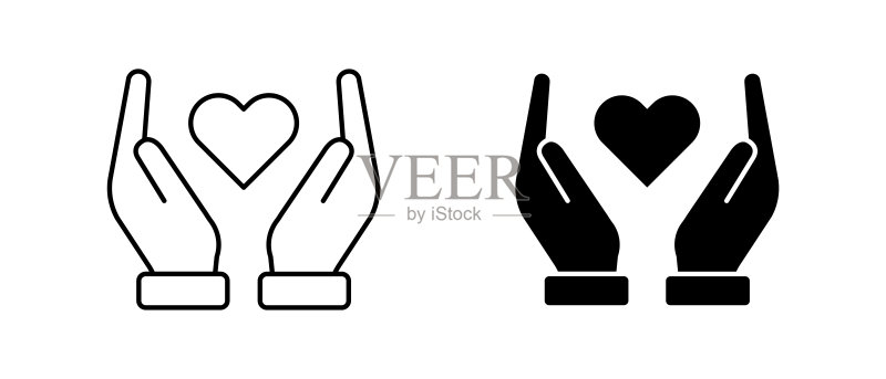 手捧爱心的矢量图标。手捧心形轮廓符号,医疗保健插图图标素材