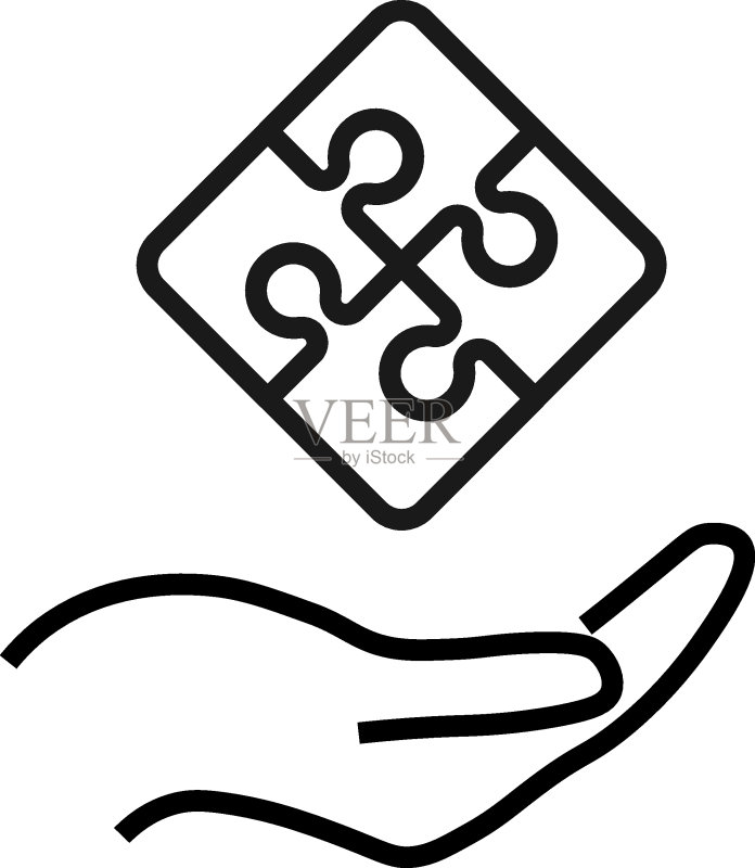 支持,礼物,慈善标志。网站、商店和其他设施的单色符号。可编辑笔画。伸出的手上的拼图的矢量线条图标图标素材