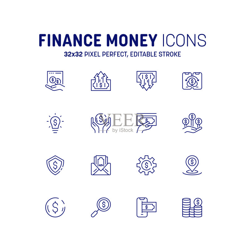 货币图标集:金融和金钱符号,商务货币堆叠图标,成堆的金钱轮廓图标集合图标素材