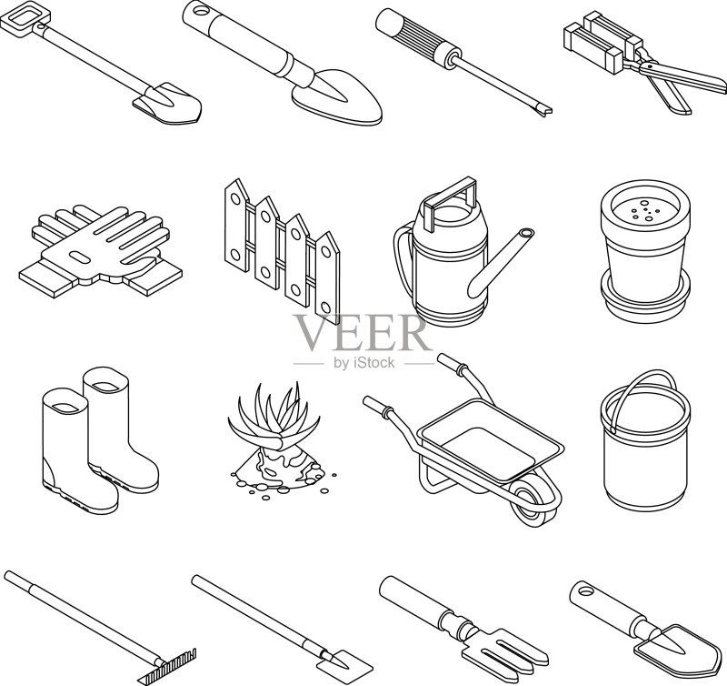 园艺工具轮廓图标集图标素材