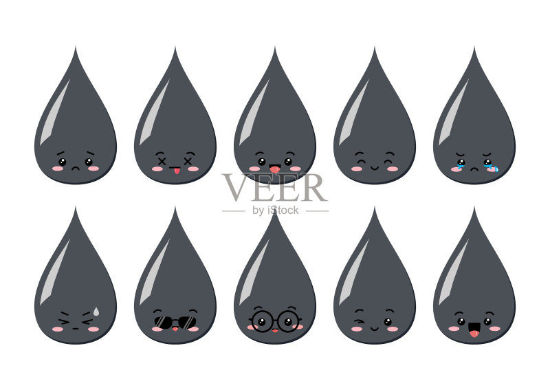 可爱的油滴卡通人物 Kawaii 石油套装图标素材