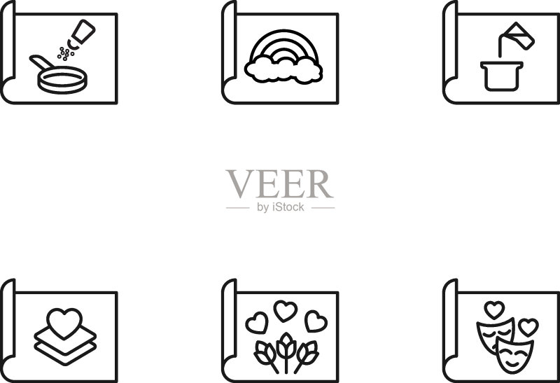 用于网站、应用程序、文章、商店、广告的现代单色符号。可编辑笔画。矢量图标集,包含烹饪、彩虹、花朵、剧院在纸上的图标图标素材