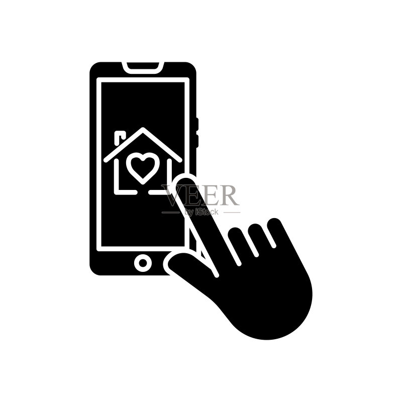 带有手机爱心小屋的手触图标:慈善关爱主题图标素材