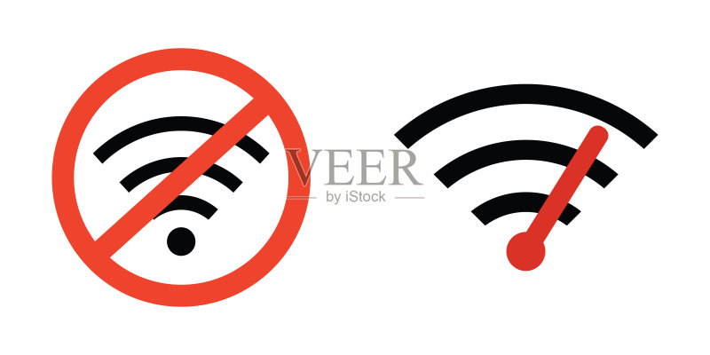 两个WIFI标志。快速互联网连接,公共网络。无WIFI场所。无线网络接入,高品质信号。图标素材