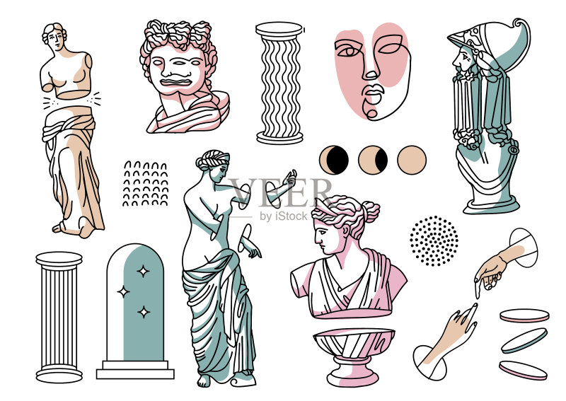 希腊古代雕塑超现实迷幻组合图标素材