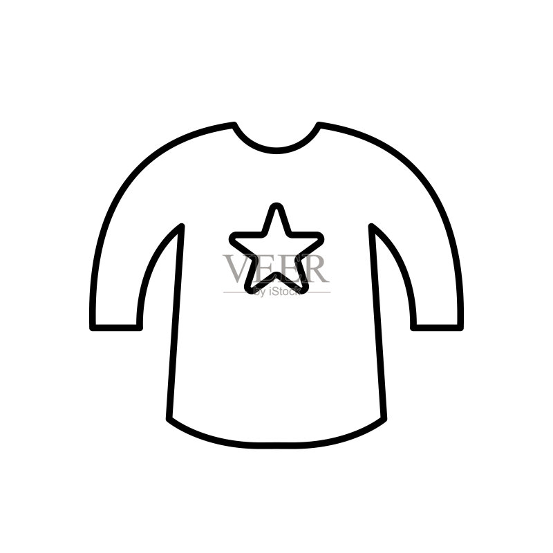 婴儿套头衫黑色矢量轮廓图标。儿童服装正面图。简单的儿童服装。白色背景上孤立的可爱星星套头衫。适用于App、banner、Web、打印、设计、开发、UI、UX。图标素材