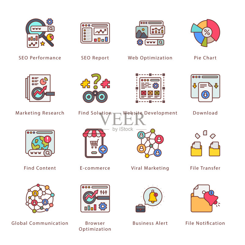 SEO、开发和营销填充图标 - 描边矢量图标素材