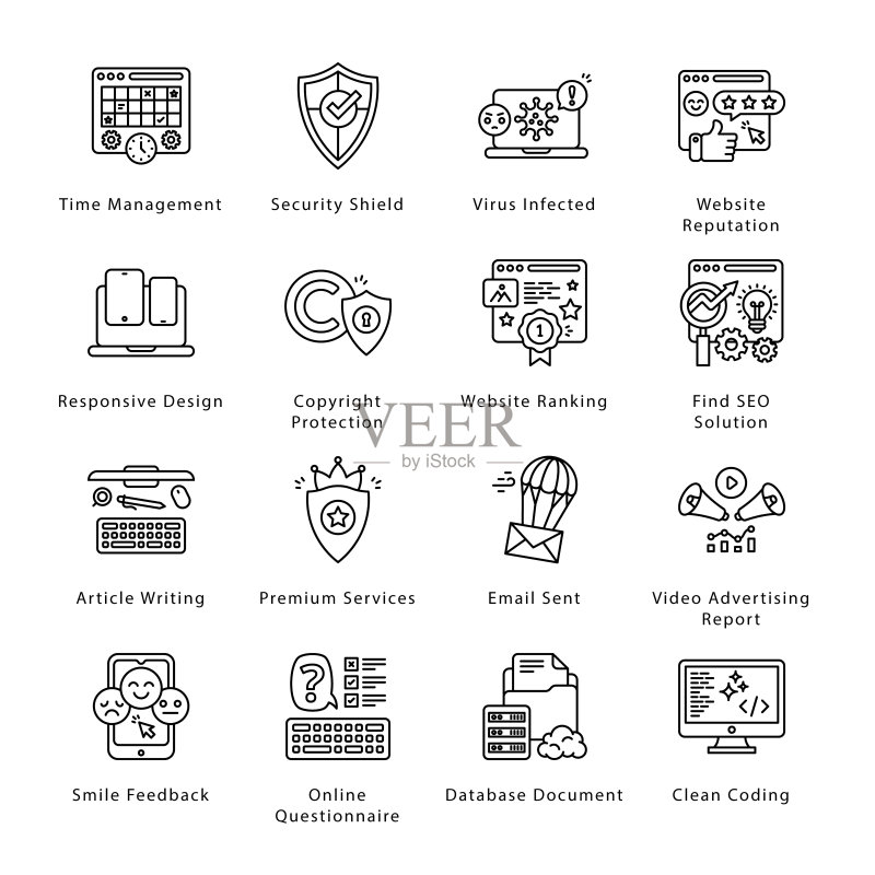 SEO、开发和营销轮廓图标 - 描边矢量图图标素材