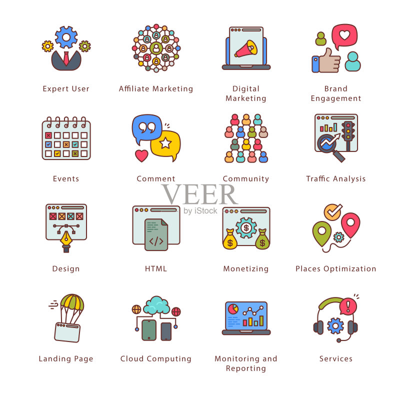 SEO、开发和营销填充图标 - 描边矢量图标素材