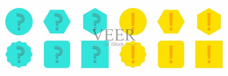 问号图标集,常见问题解答标志,帮助符号。感叹号图标集,注意标志,警告图标,危险警告符号。浅蓝色和黄色风格。图标素材