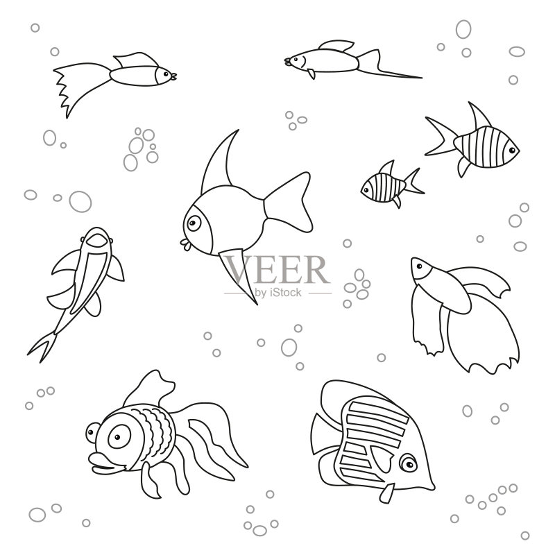 白色背景上的水族馆鱼类轮廓图标素材