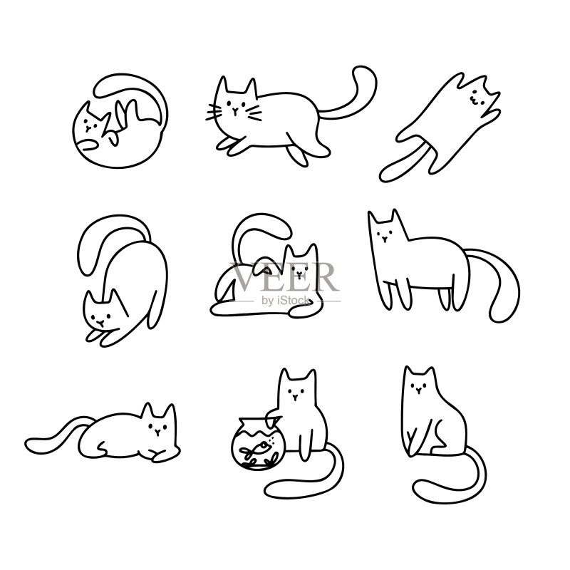 卡通手绘猫咪可爱轮廓涂鸦套装图标素材