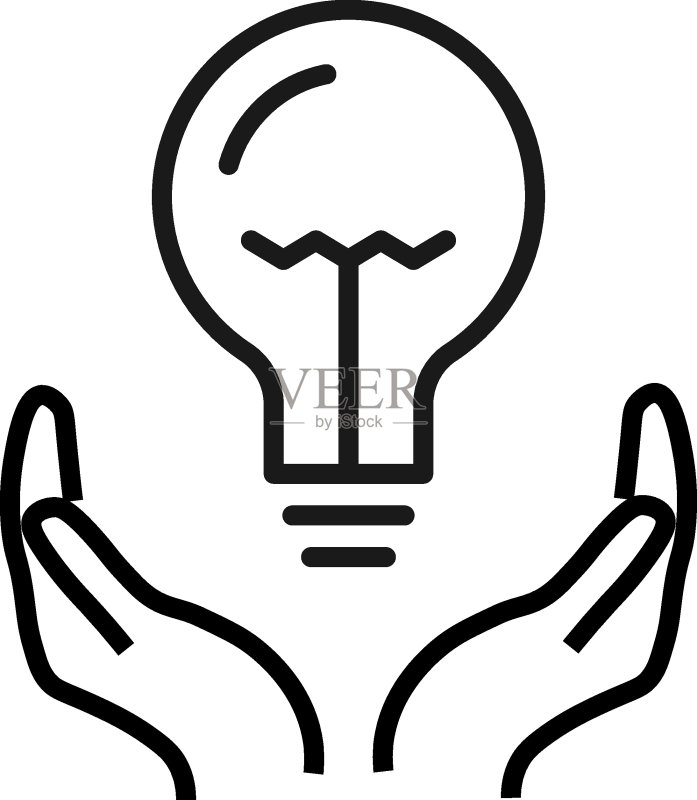 支持、赠礼和慈善概念。黑色细线绘制的现代矢量标志。灯泡位于伸出的手上方。图标素材
